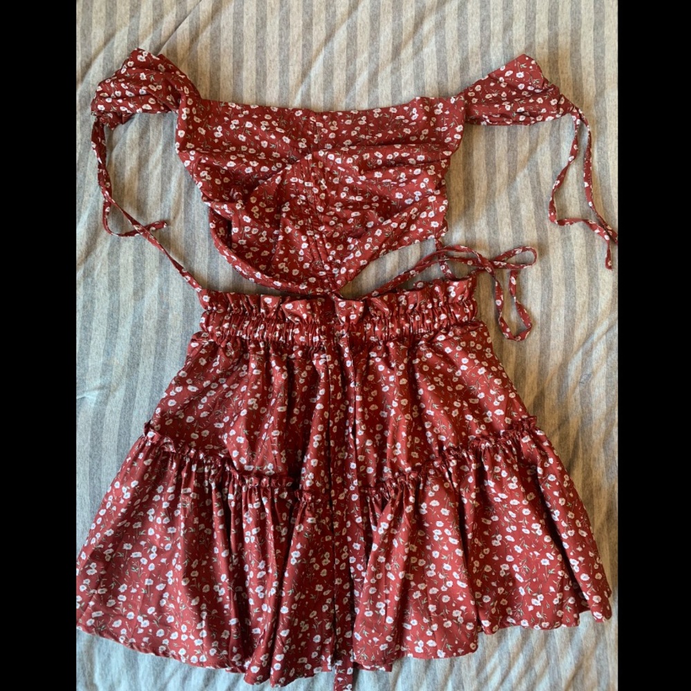 Two piece red floral skirt set